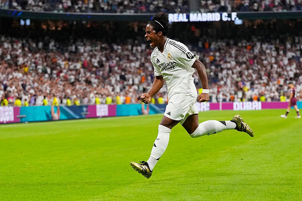 | Photo: AP/Manu Fernandez : La liga 2024-25: Real Madrid's Endrick celebrates after scoring his side's third goal against Valladolid